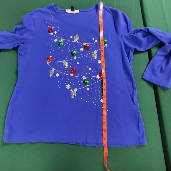 Karen Scott royal blue long sleeve Christmas holiday t-shirt sequin lights EUC - Picture 6 of 8
